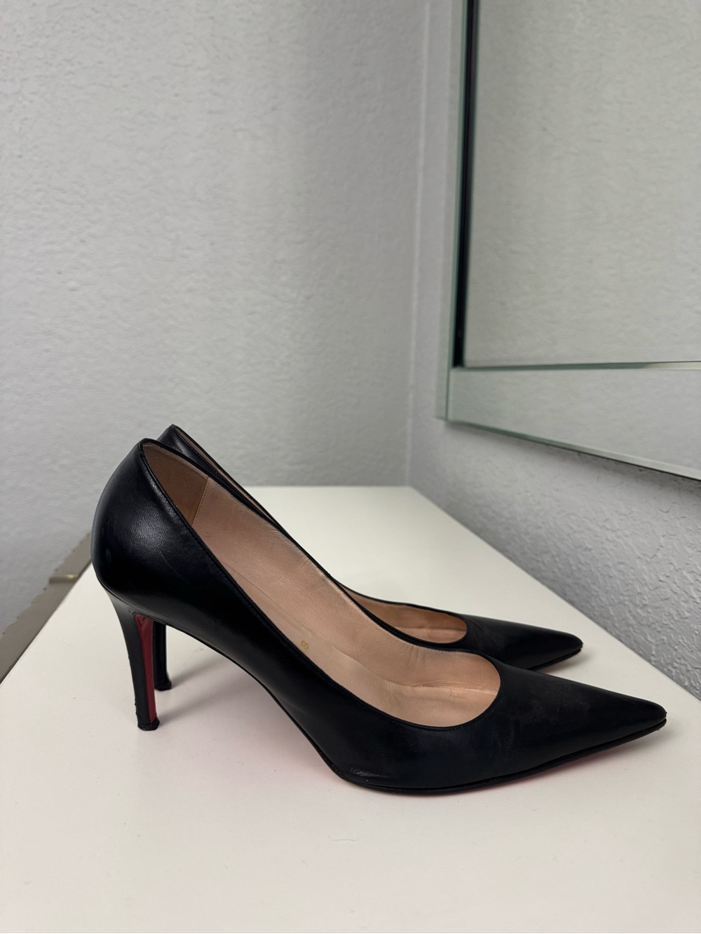 Christian Louboutin Black Pointed-Toe Leather Pumps with Red Soles